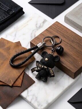 Black Leather Braided Keychain with Bear Charm